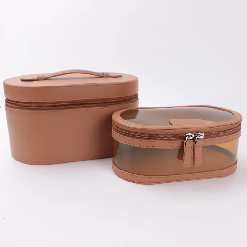 Dame PU lær flytende pensel TPU klar kosmetikkpose sett reise makeup pose med håndtak