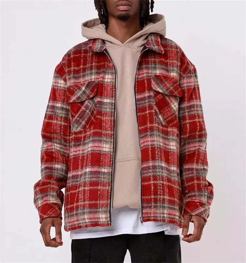 ZY Customized Men's Flannel Shirt Jacket Oversized Dropped Shoulder Big Pocket Design Men's Plaid Jacket Custom logo Men Plaid