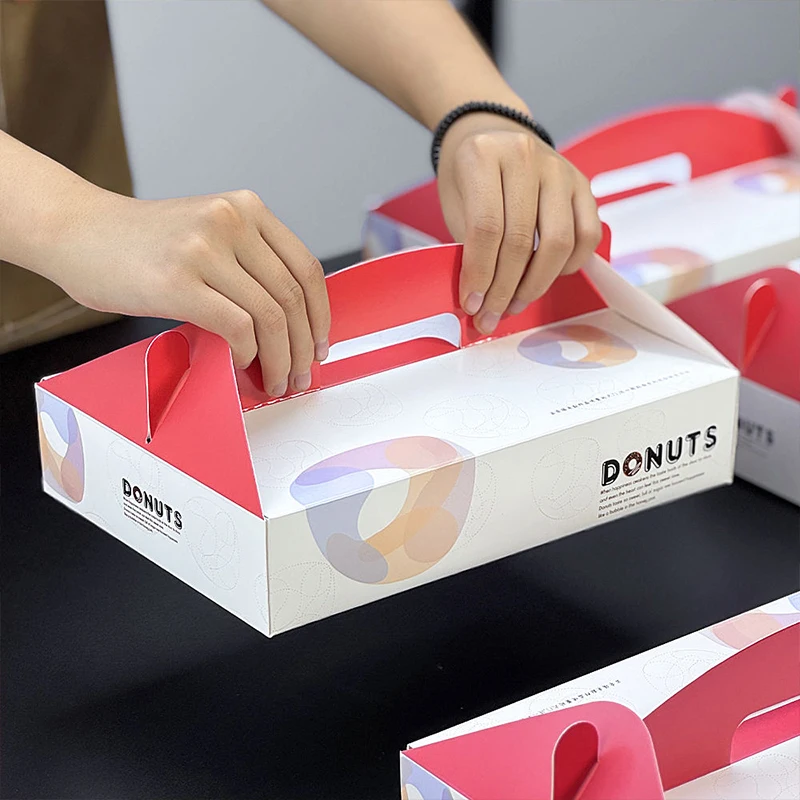 Anpassad tryckt donutlåda med handtag, matgodkänd för att ta med