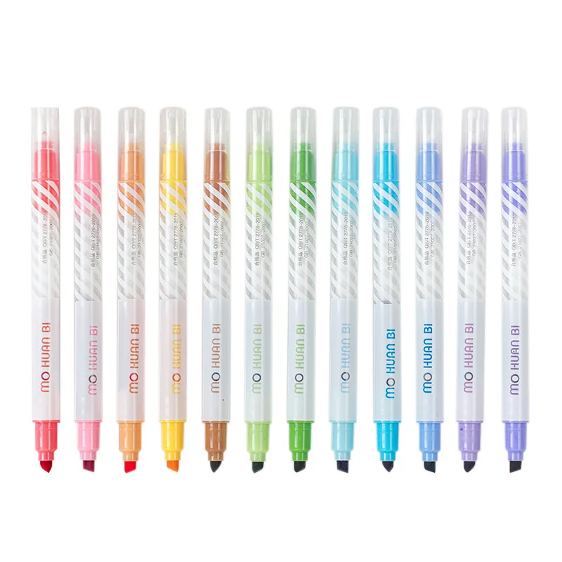 12pcs Creative Magic Color Highlighter Pen Color Changeable Hand Account Marker Pen Set Dual Tip Fluorescent Pen
