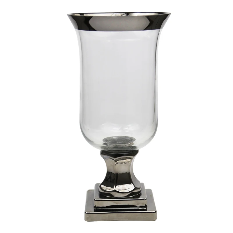 Glass Candlestick Holders with Silver Rim