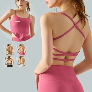 YISHENHON Women's Cross Bandage Bra Custom Logo Gym Crop Top with OEM Print Soft Activewear Nude Workout Sport Wear Sets Style