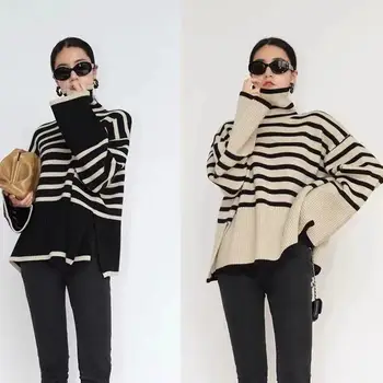 Factory custom women's autumn loose knitted pullover women striped turtleneck sweater