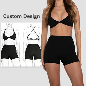 Manufacture Custom Women Pilates Tummy Control Leggings and Deep V Halter Neckline Bra Gym Fitness Sport Outfit Yoga Activewear
