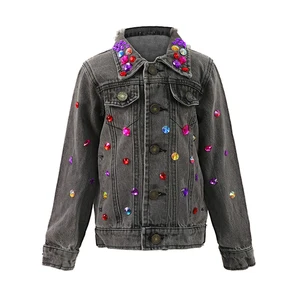 OEM Custom Kids Street Wear Girls Jacket Beaded Diamonds Girls Jeans Jacket