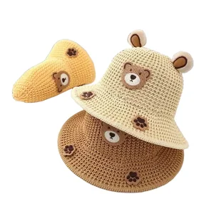 Cute Bear Summer Kids Bucket Hats for Boys Girls Hollow Out Breathable Outdoor Beach Children Baby Sun Hat Straw Cap