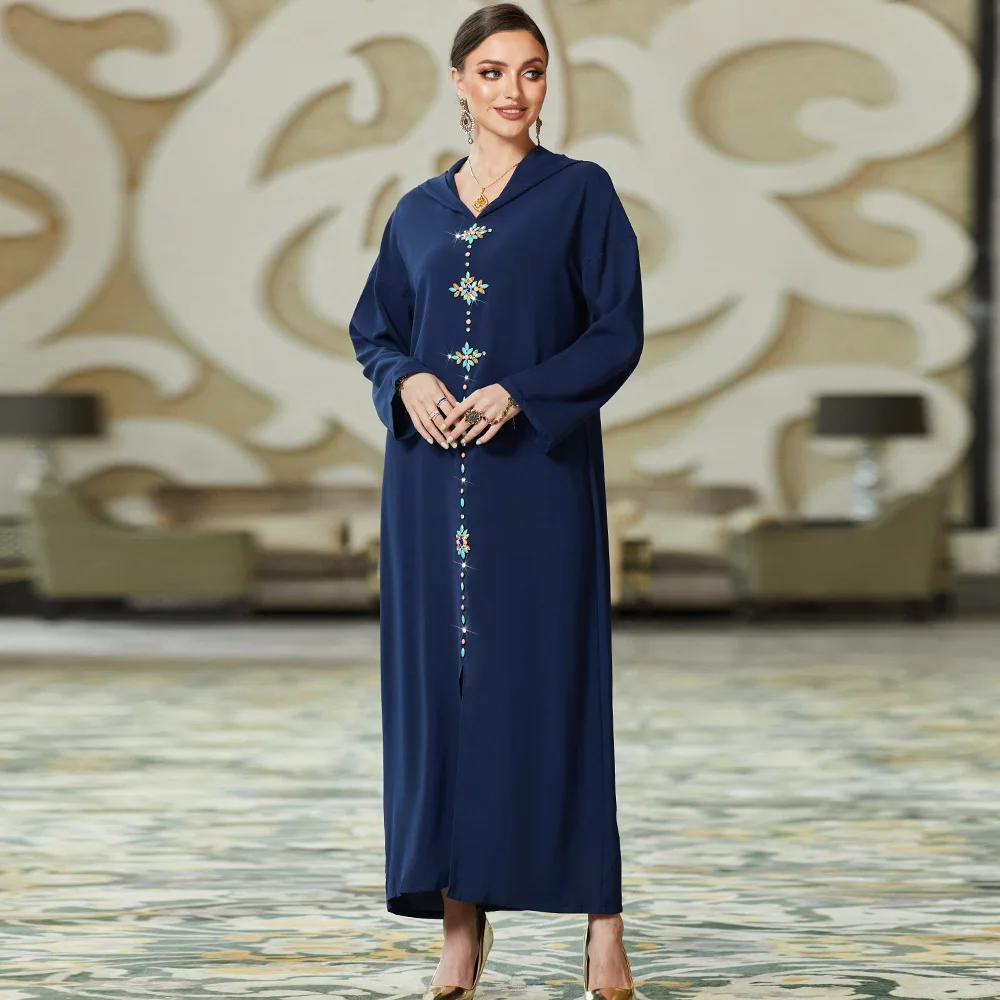 jubba dress for ladies New Navy Blue Hooded Modest Abaya Robe Hand-Stitched Polyester Summer Breathable and Open Collar Independent Designer