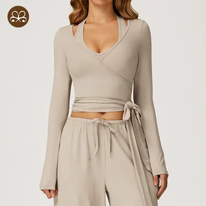 Custom Logo Fashion Wrap Top Pilates Styles Girls Workout Wear Long Sleeves Shirts Active Yoga Top