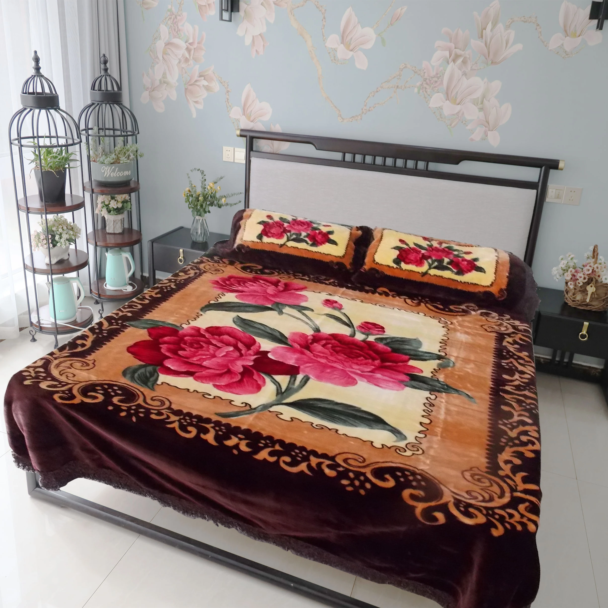 SENFELA BRAND 100% Polyester Super Soft Arabian Luxury Wedding Gift Korean  Style 4pcs Raschel Blanket Bedding Sets for Winter