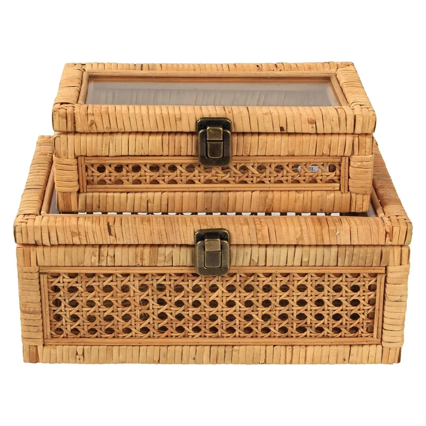 Hot Selling Handcrafted Rattan Box Set With Glass Lid Set Of 2 Cane And Rattan Boxes For Display