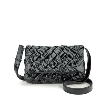 2024 New French High-Sensitivity Oil Wax Leather Silk Scarf Pleated Craft Woven Crossbody Shoulder Bag Zip Fashionable Polyester