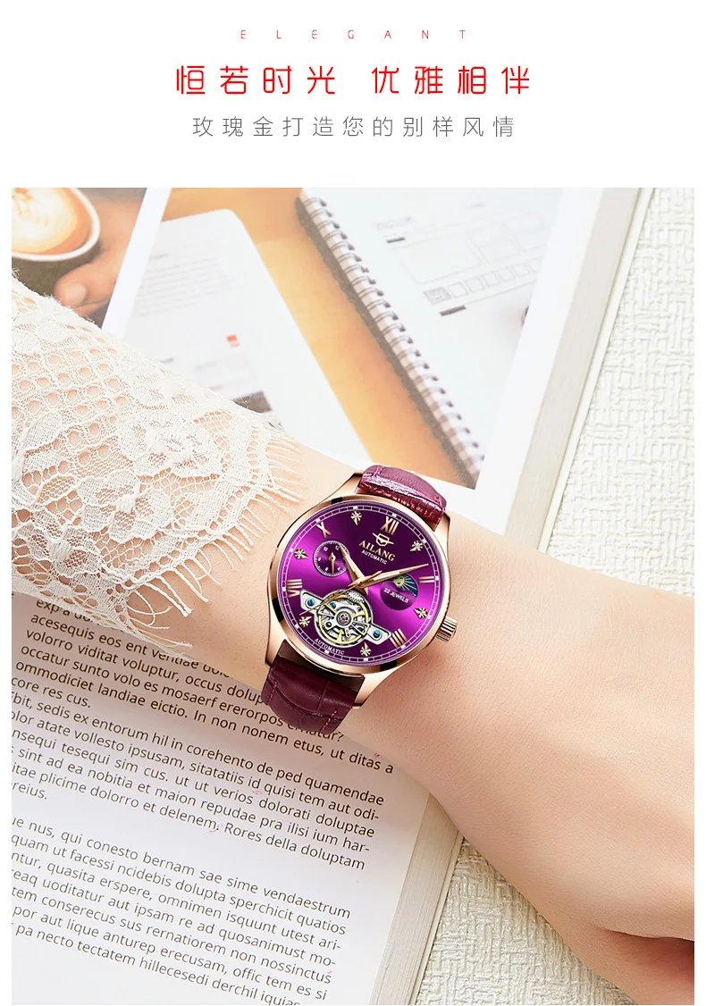 Montres mécaniques automatiques pour femmes, montres-bracelets diamantés pour dames, montre en cuir Rose, étanche 30m, horloge lumineuse