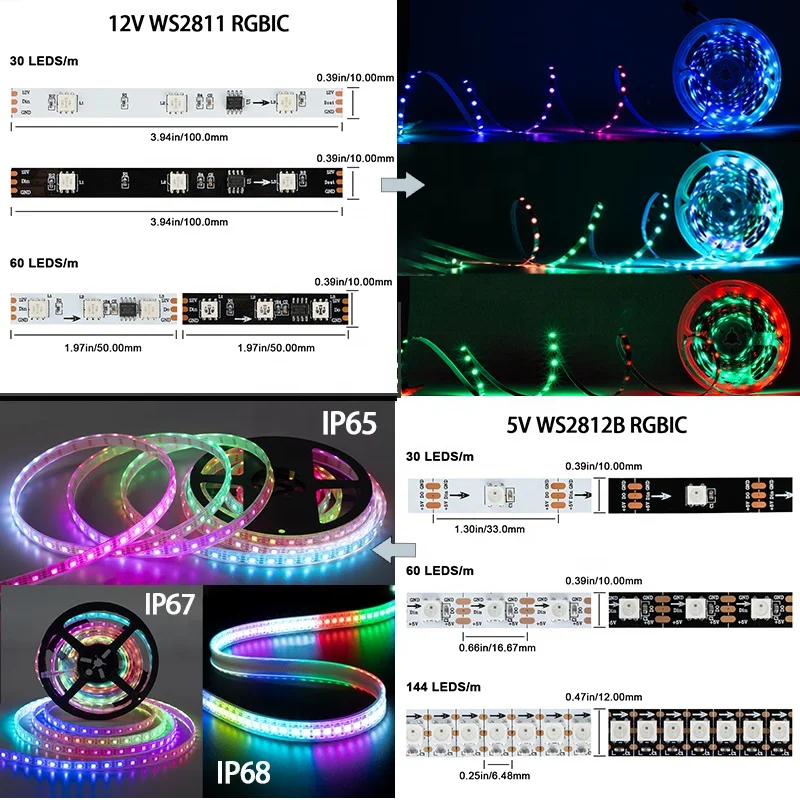 Addressable RGB LED 5V 12V  Programmable LED Tape WS2811 WS2812B SK6812 RGBIC Waterproof 12V LED Strip Light