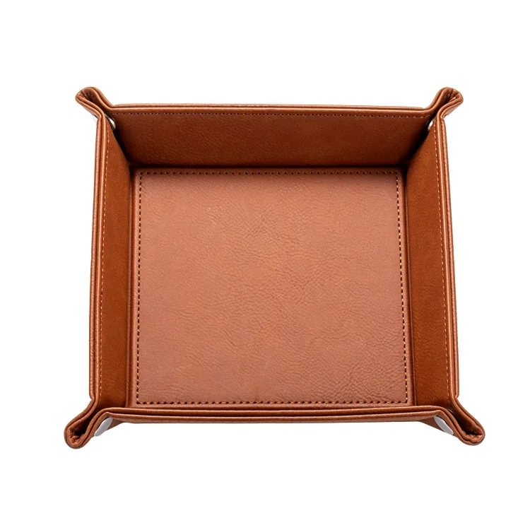 Small MOQ Custom Laser Engraved Logo Folding Snap Luxury Leather Storage Tray for Gifts