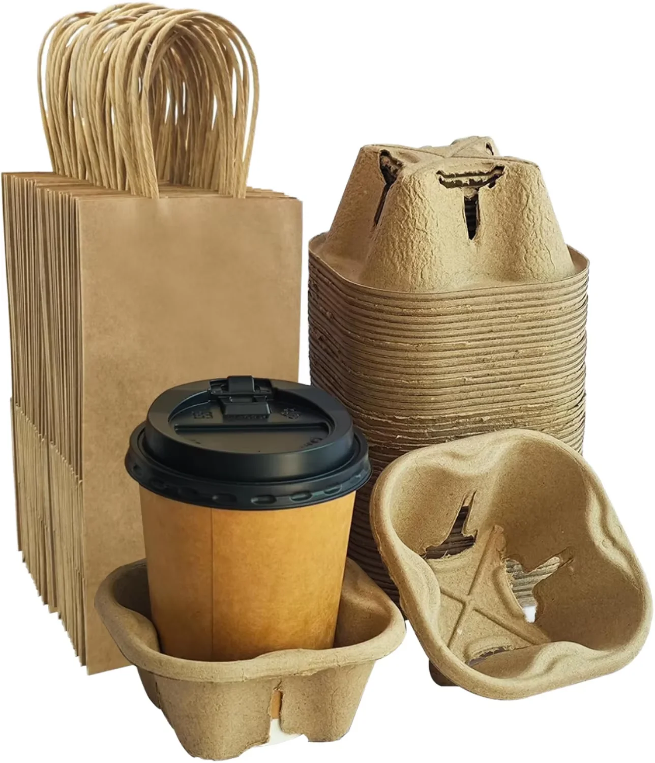 Takeaway Drink Tray Holder Eco Molded Pulp 1 2 4 Cup Carrier Biodegradable Food Safe Coffee Boba Del