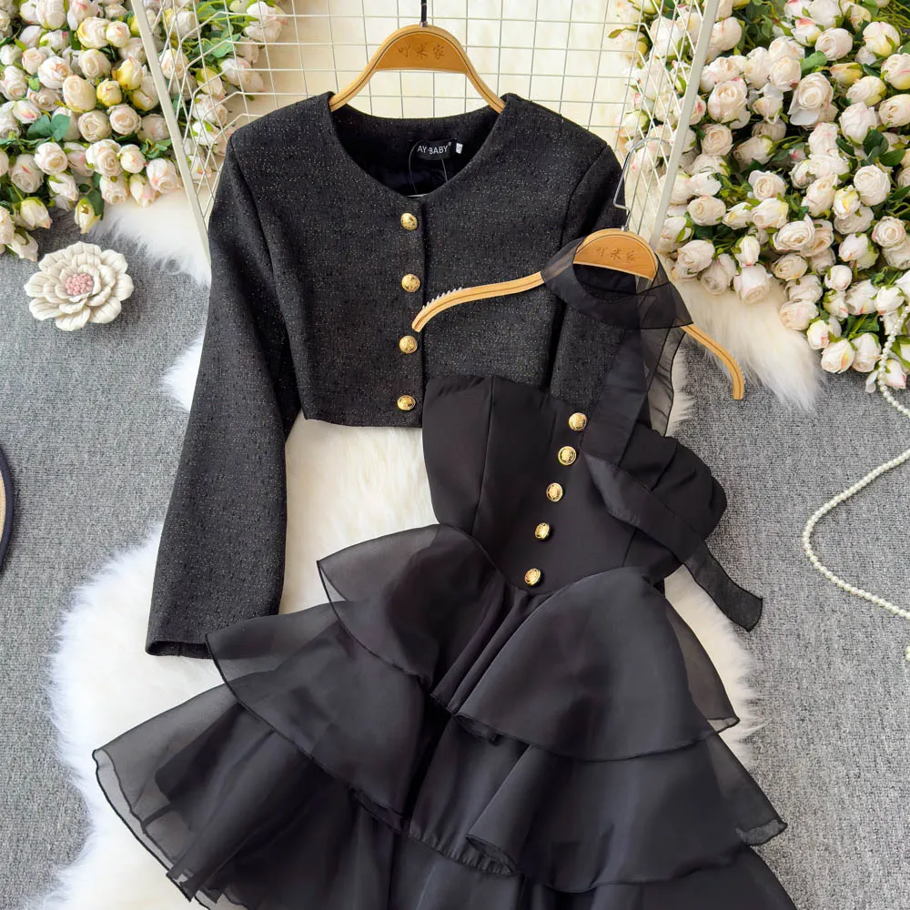 Trendy 2025 Fall/Winter Women'S Outfit Hot Short Jacket Strapless Tiered  Dress Set-Stylish Chic Two-Piece Ensemble