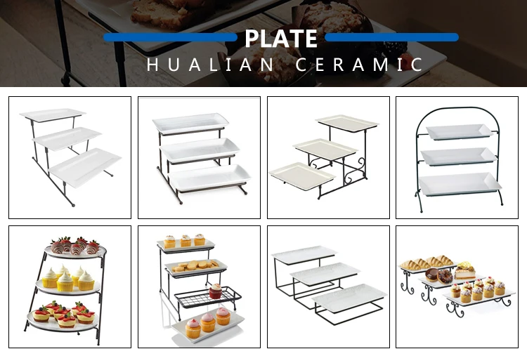 Factory Prices Inimalism 3 Tier Ceramic Hotel Dessert Plates with Metal Iron Stand for Wedding Birthday Party