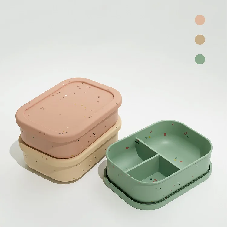 Eco Friendly Food Grade Bpa Free Three Compartments Leakproof Kids Lunchbox Speckle Silicone Bento Lunch Box With Lid
