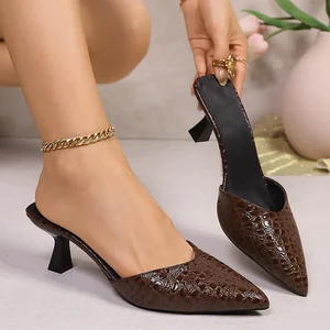 2026 Wholesale Large Size PU Mid-Heel Mules Women's High Quality Sandals Pointed Toe Stiletto Heels in Plus Size