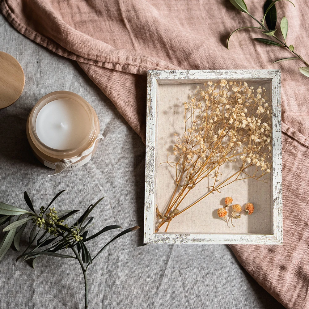 8x10 Shadow Box Frame With Linen Back Distressed White Rustic Picture