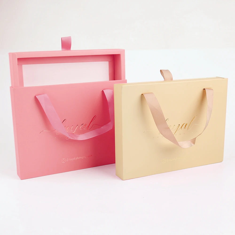 Custom Pink Color Package Boxes Luxury Gift Boxes For Jewelry  Cardboard Sliding Drawer Box with Ribbon Handle Hot Stamping