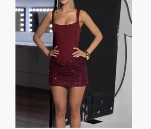 2026 Women Wine Red Shiny Sequins Mini Dress Square Neck Sleeveless Pleated Hem Robe Summer Street Party Solid Lady Vestidos