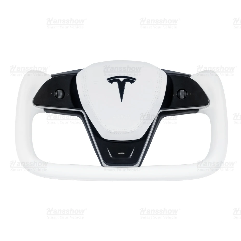 Hansshow Model 3 & Y Nappa White Leather Heated Yoke Steering Wheel For