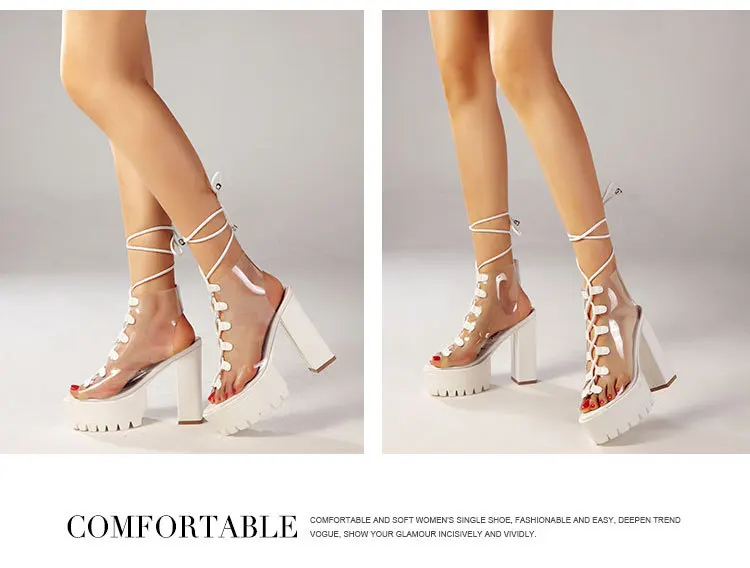 CS043 New summer bandage sandals for women PVC transparent high thick heeled sandals