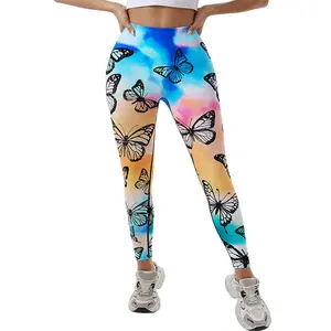 Color Block Butterfly Print Women's Yoga Pants Seamless High Waist Butt Lifting High Elastic Long Pants