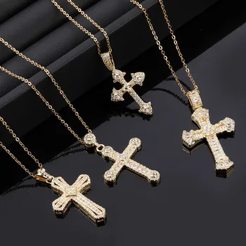 Best Seller Brass CZ Cross Pendants Dainty Iced Out Hip Hop Necklace Charm Bling Men Vintage Jewelry