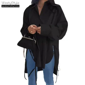 Early Autumn Women's Slimming Long Tie Shirt European American Solid Casual Loose Front Short Back for Office Wear