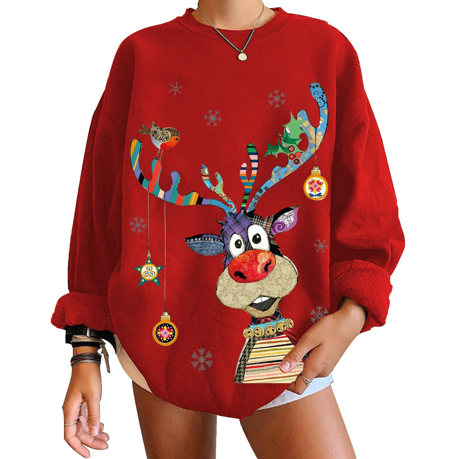 Manga Larga Con Estampado Navideño De Cuello Redondo Para Mu Manga Larga Con Estampado Navideño De Cuello Redondo Para Mu