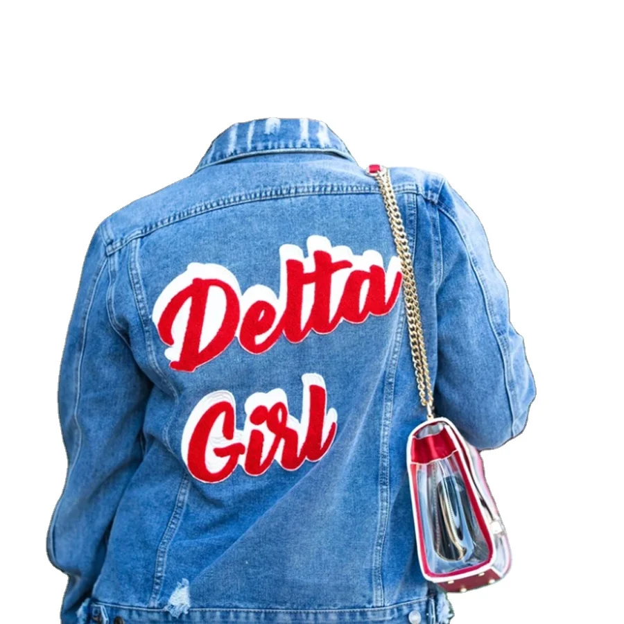 Low MOQ S to 3XL Size Greek Alphabet Delta Girl Printed Short Frayed Coat Sleeve Delta Dear Zeta Sgrho DST Sorority Denim Jacket