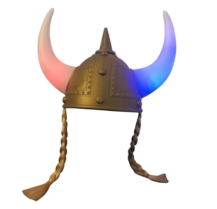LED Light up Viking Helmet With Horns Braids for Medieval Warriors Costume Fancy Dress Accessory Hat for Themed Party