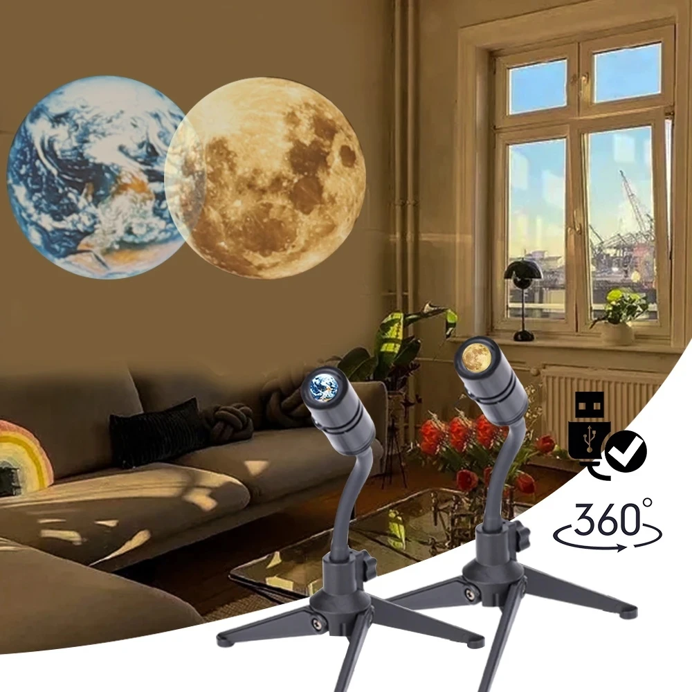 Creative 360 Degrees Rotatable Bracket Moon Earth Planet Projector Lamp Usb Moon Led Night Light Planet Projection Lamp