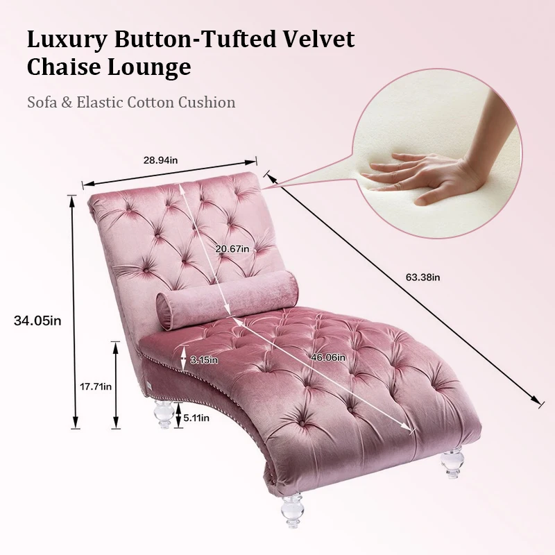 Modern Luxury Pink Velvet Chaise Lounge Sofa Button Tufted with