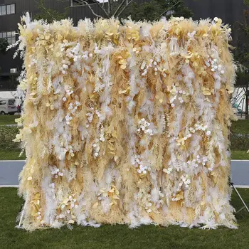 Customized Wholesale Silk Rime Pampas Yellow 3d Fabric Artificial Flower Wall Decor