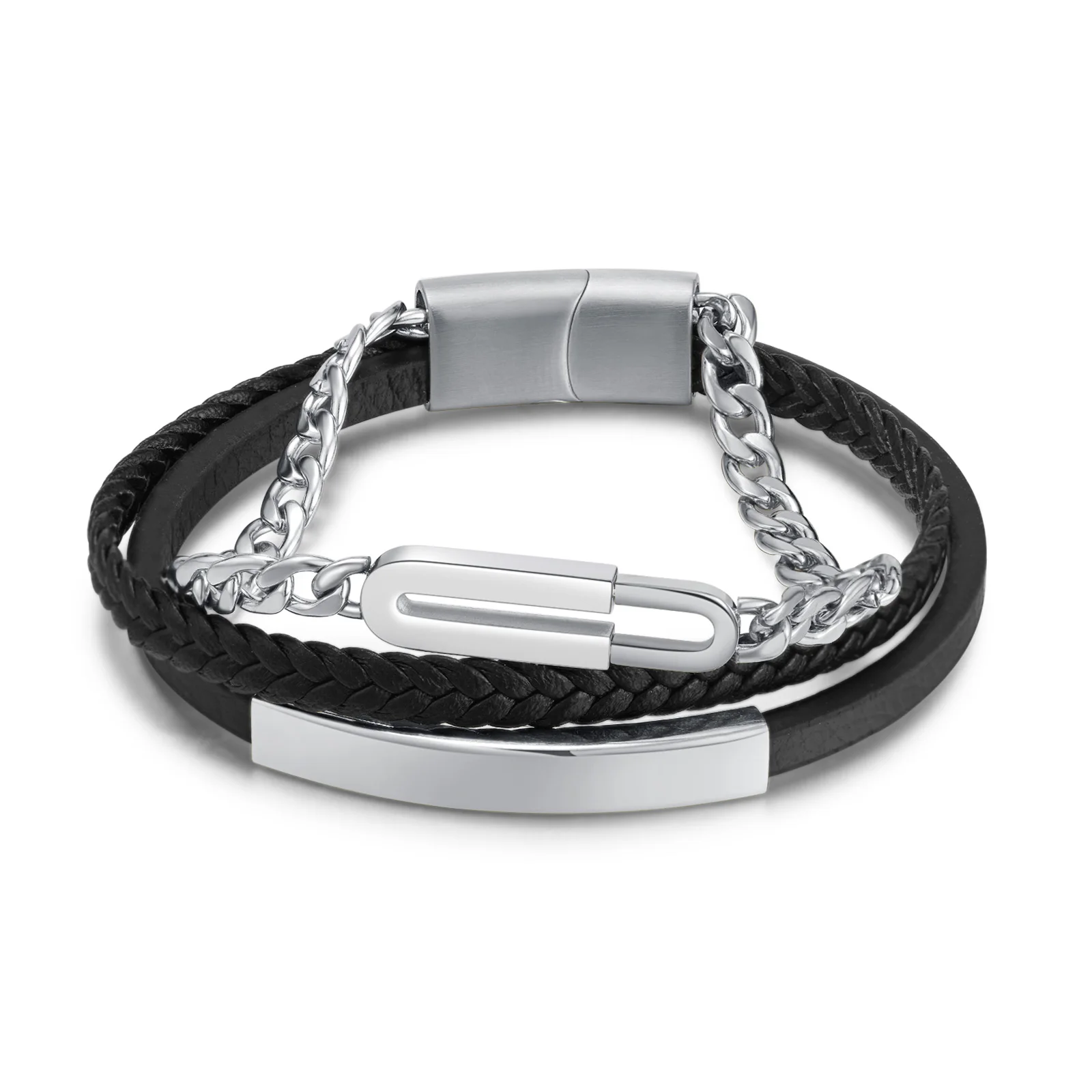 BLACK STAINLESS STEEL LEATHER BRACELET SILVER AND GOLD