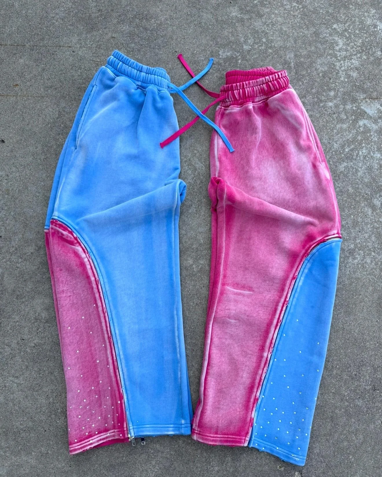 Salati OEM Custom Men's Wide Leg French Terry Zipper Patchwork Rhinestone Cotton Acid Wash Colorful Flared Baggy Sweatpants gallery 9