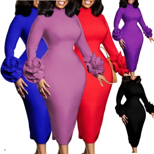 C8638 New Arrival Career Dresses Solid Color Wrap Hip Flare Sleeve Ladies Office Dresses Women Formal Work Elegant African Dress