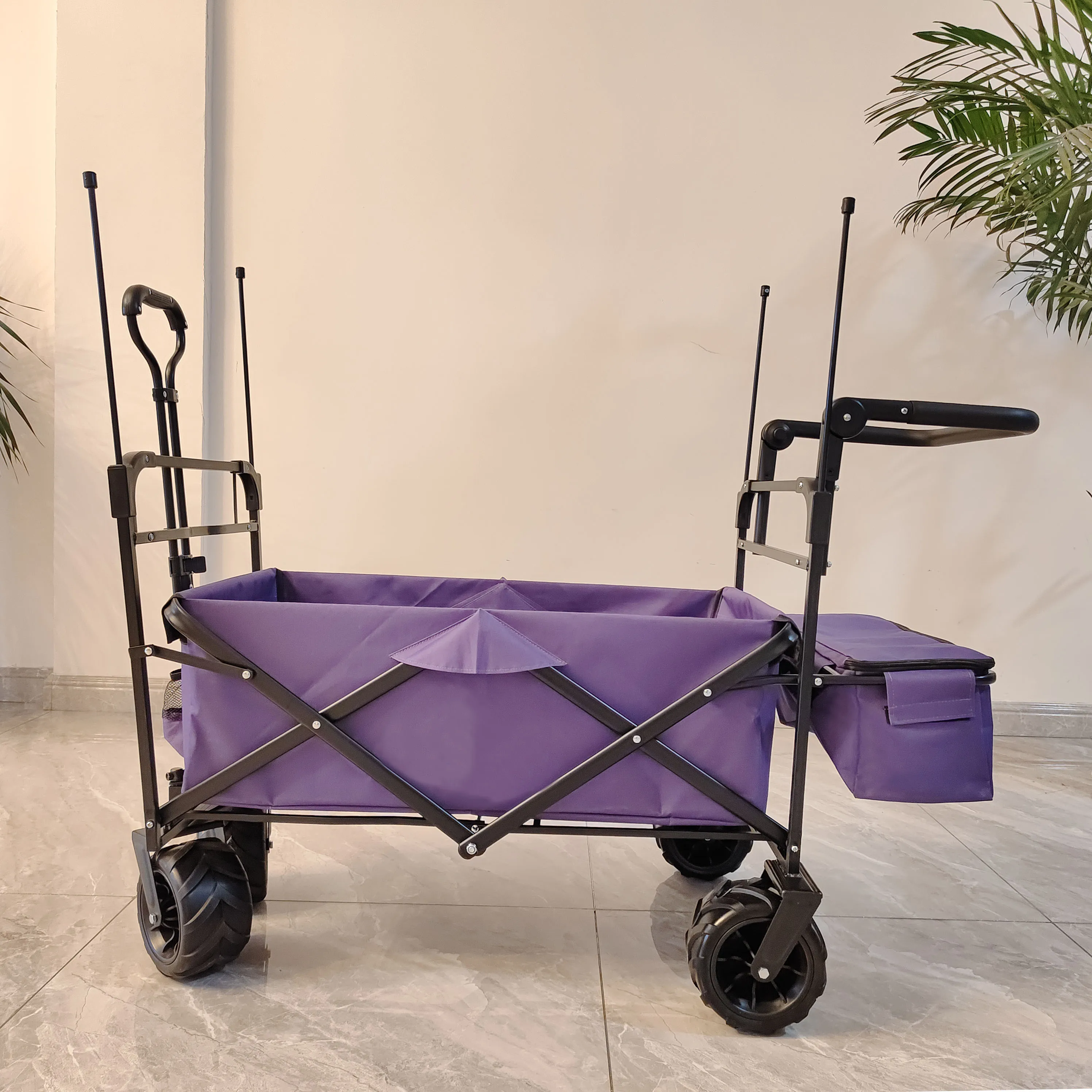 Outdoor Camping Folding Wagon Canopy On Top Adjustable Handle Wide Wheel Purple