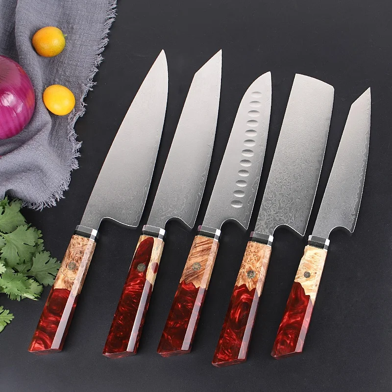 Luxury Red Resin Handle Damascus Steel Knife Set