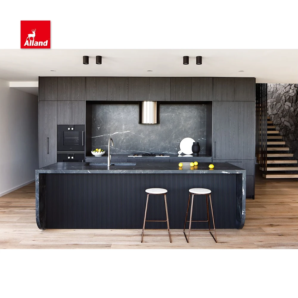 AllandCabinet Modern Design Timber Veneer Kitchen Cabinet and Fluted Panel Island Reeded Beaded Solid Wood Door Cabinets