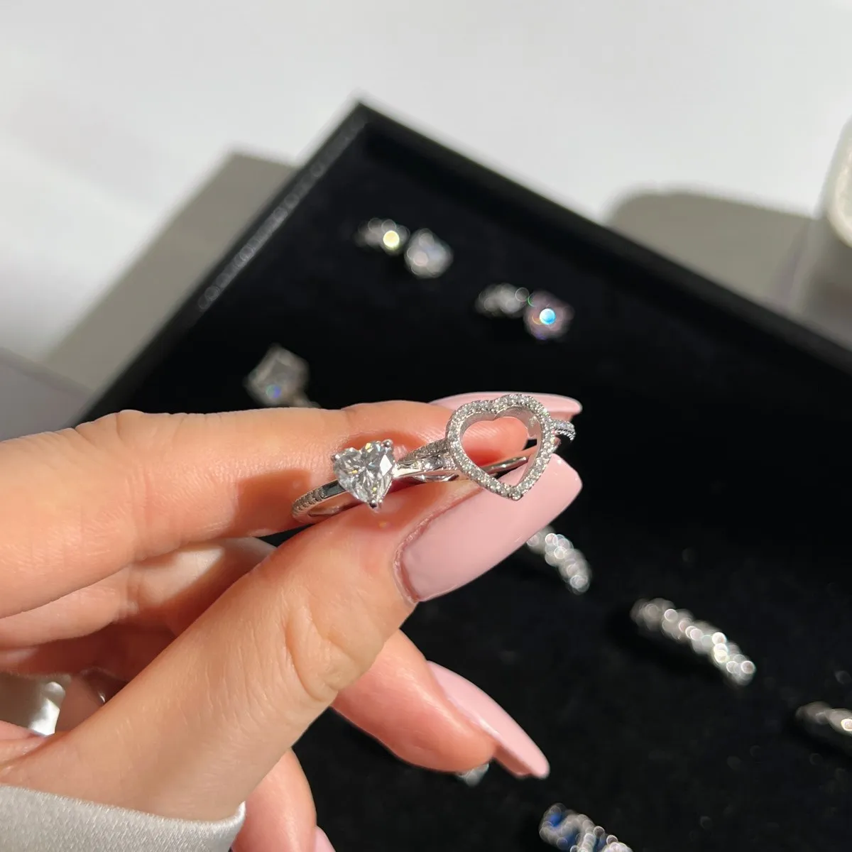 KAKODIY Exquisite New Arrival Stackable Love Hollow Pink Heart Cubic Zirconia Bridal Two Rings Cubic Zirconia Women's Wedding Rings detail 5