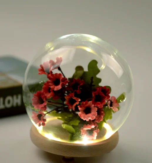 Decorative Clear Led Mini Glass Bell Jar Cloche Dome With Base Wooden and Led Lights
