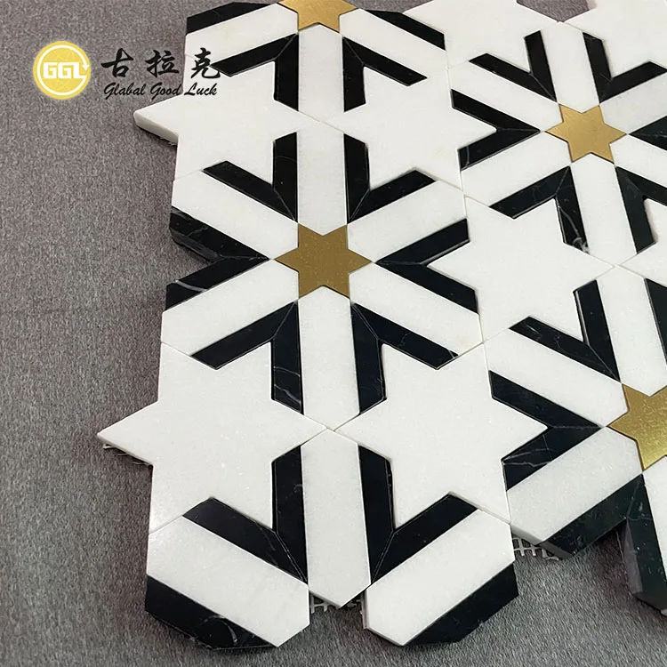 Hot Selling White Mosaic Star Shape Marble Tile Inlay Brass Stone Black Wall Floor Mosaic Tile