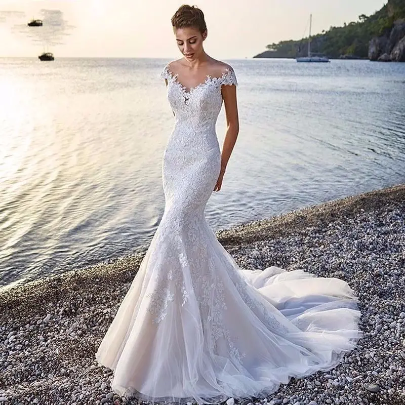 fishtail backless wedding dress Ever-Pretty V-Neck Backless Cap Sleeve Knitted Fishtail Wedding Dress main image 1