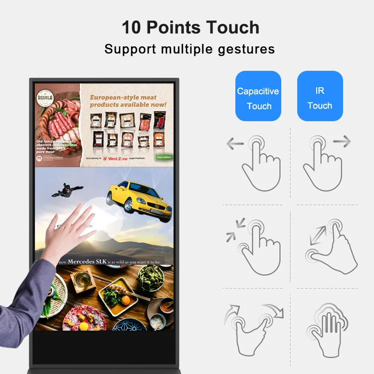Portable 85-Inch Android Kiosk with Touch Screen Digital Advertisement Poster on Floor Stand Mobile LCD Display Device