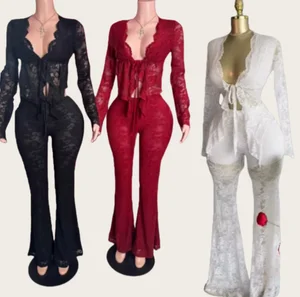 Viviblook Z807ST05 Women Outfit New Sexy Lace up Hollow Cardigan Long Sleeved Lace Shirt Lace Pants Two-piece Set Ladies Sets