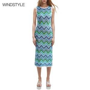 OEM/ODM French Elegant Lady Dress Summer Wave Stripe Knit Sleeveless Viscose Breathable Daily Style